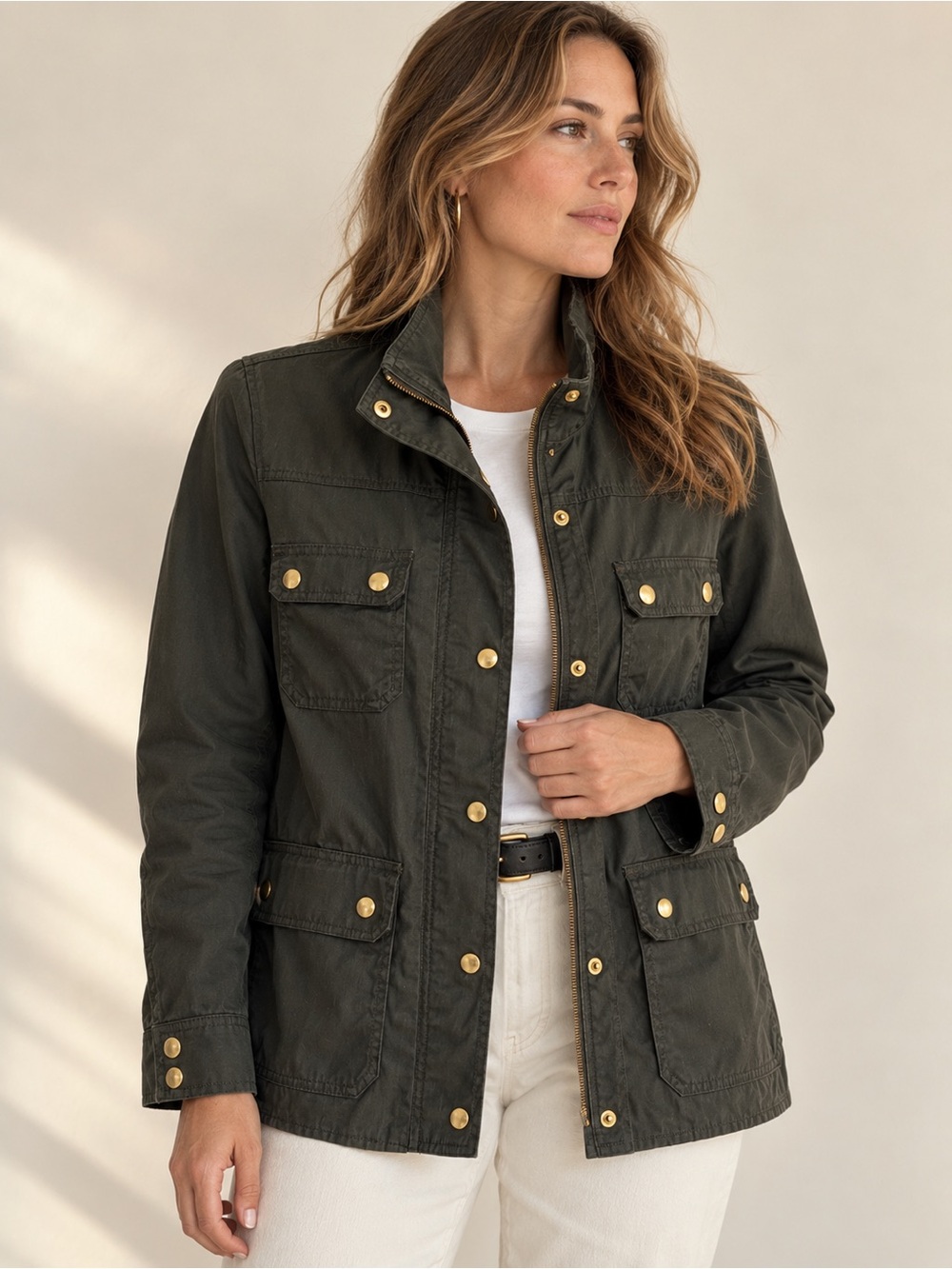 J.Crew Resin-Coated Cotton Twill Field Jacket Olive Green